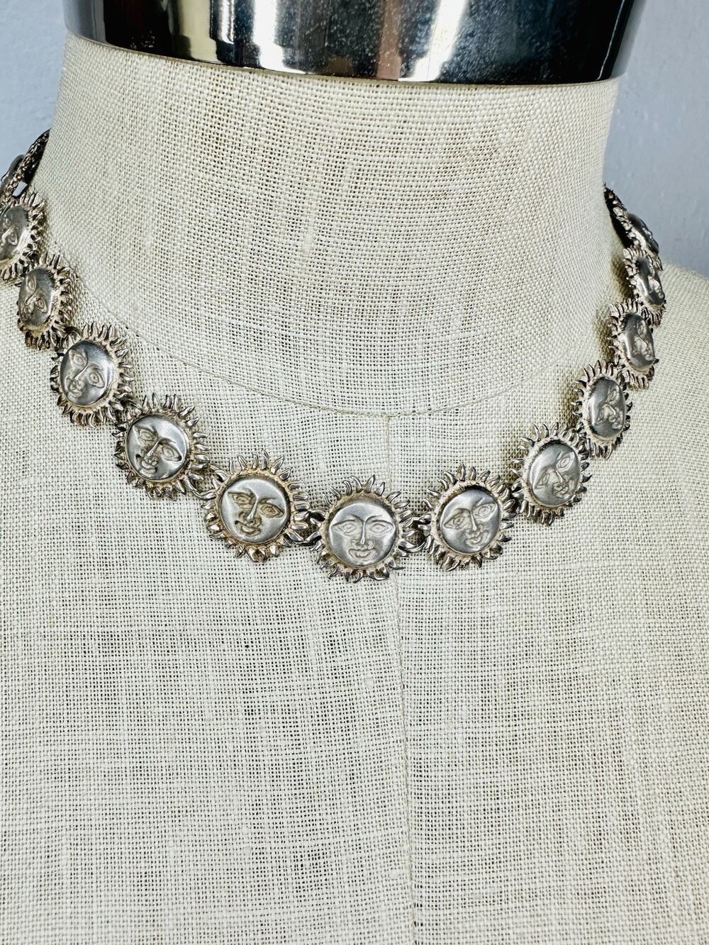 Mexico 925 Sterling Silver Signed Celestial Sun Face Link Choker Necklace 17”